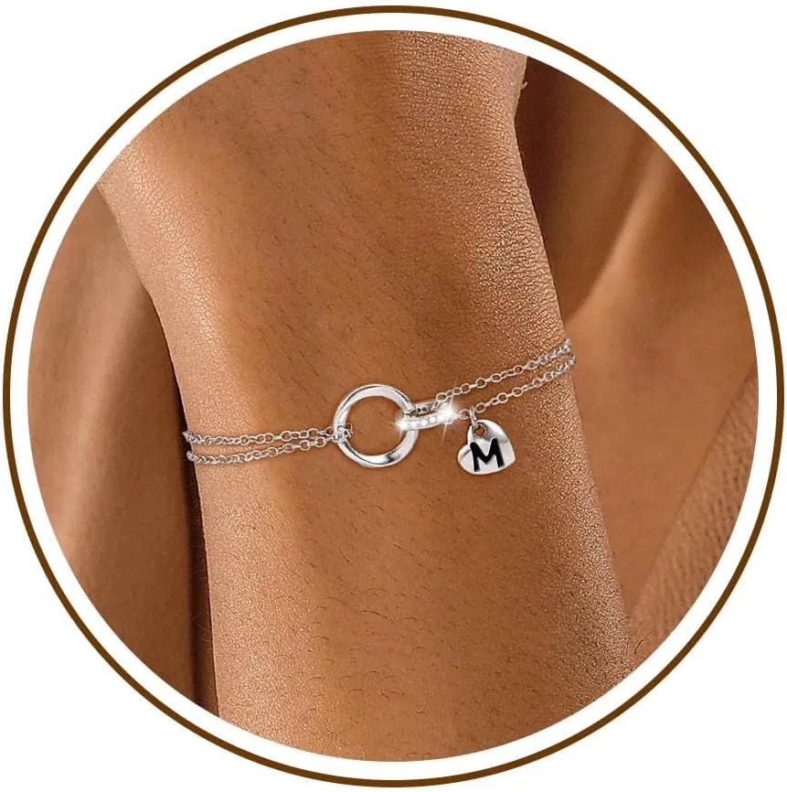 JSJOY Initial Bracelets for Women Couples Gifts Dainty Heart Letter A-Z Silver Bracelets Birthday Gifts Matching Couple Bracelets for Couples Friendship Gifts Mom Gifts