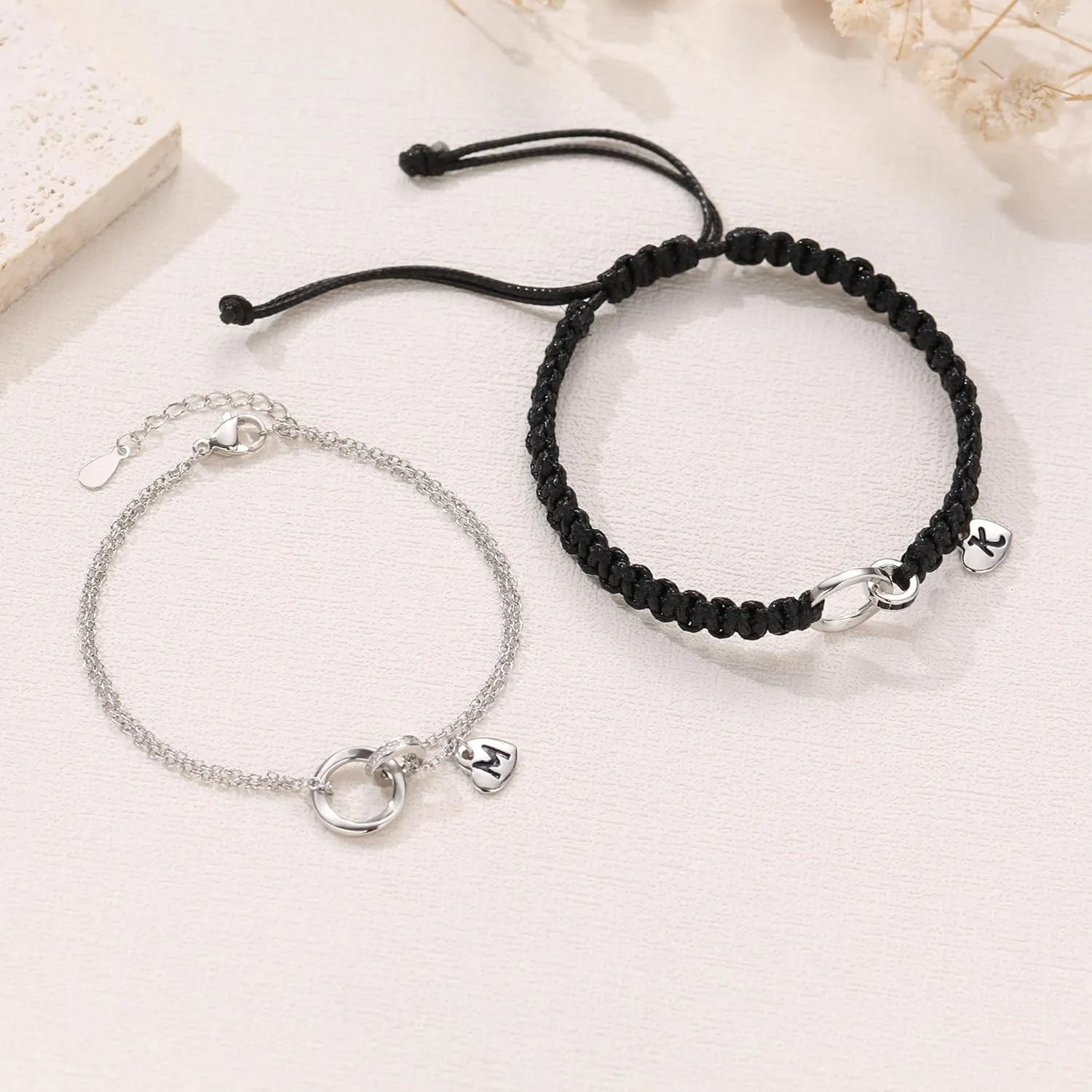 JSJOY Initial Bracelets for Women Couples Gifts Dainty Heart Letter A-Z Silver Bracelets Birthday Gifts Matching Couple Bracelets for Couples Friendship Gifts Mom Gifts