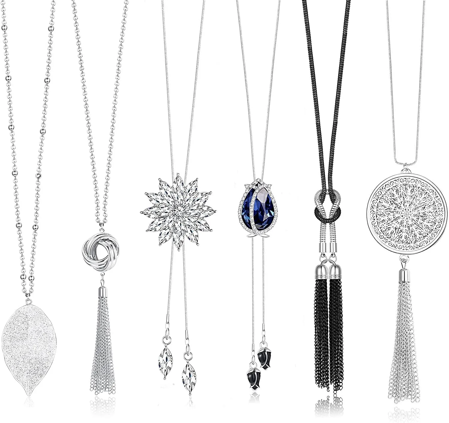 Jstyle 6Pcs Long Pendant Necklaces for Women Long Sweater Necklaces Silver Flower Tassel Disk Circle Leaf Statement Sweater Chain Necklace for Women Y Necklace Set Fashion Jewelry