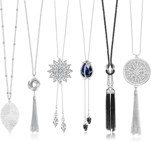 Jstyle 6Pcs Long Pendant Necklaces for Women Long Sweater Necklaces Silver Flower Tassel Disk Circle Leaf Statement Sweater Chain Necklace for Women Y Necklace Set Fashion Jewelry