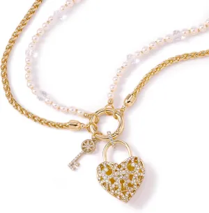 JTV Gold Tone Necklace with White Crystal, Pearl Simulant, Interchangeable Chains, Lock, and Key