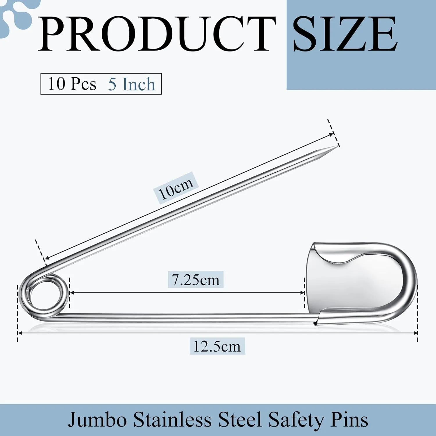 Juexica 10 Pcs 5 Inch Jumbo Stainless Steel Safety Pins Large Heavy Duty Huge Strong Laundry Pins for Upholstery Sewing Quilting Key Rings Craft Outdoor (Silver)