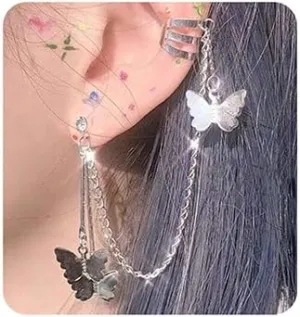 Jumwrit Cuff Chain Earrings Butterfly Drop Dangle Earrings Tassel Ear Cuff Crawler Climber Earrings Cartilage Hoop Earrings Silver Wrap Earrings with Crystal Stud for Women