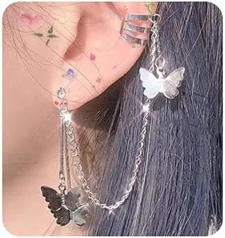 Jumwrit Cuff Chain Earrings Butterfly Drop Dangle Earrings Tassel Ear Cuff Crawler Climber Earrings Cartilage Hoop Earrings Silver Wrap Earrings with Crystal Stud for Women