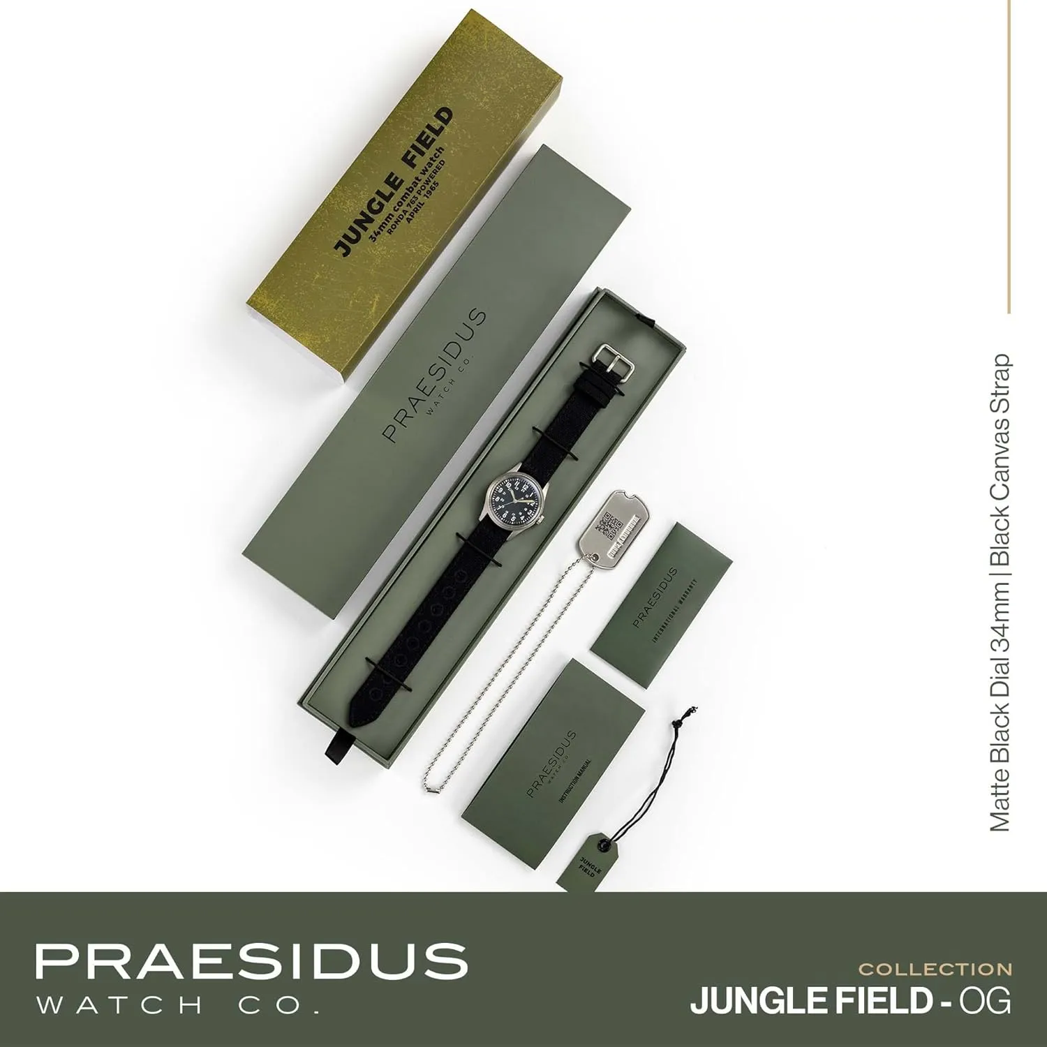 Jungle Field - Wrist Watch 34mm Black Dial Stainless Steel Case Men's Military Service Watch, Men's Wrist Watch, Black Leather/Black Canvas/Light Brown Canvas