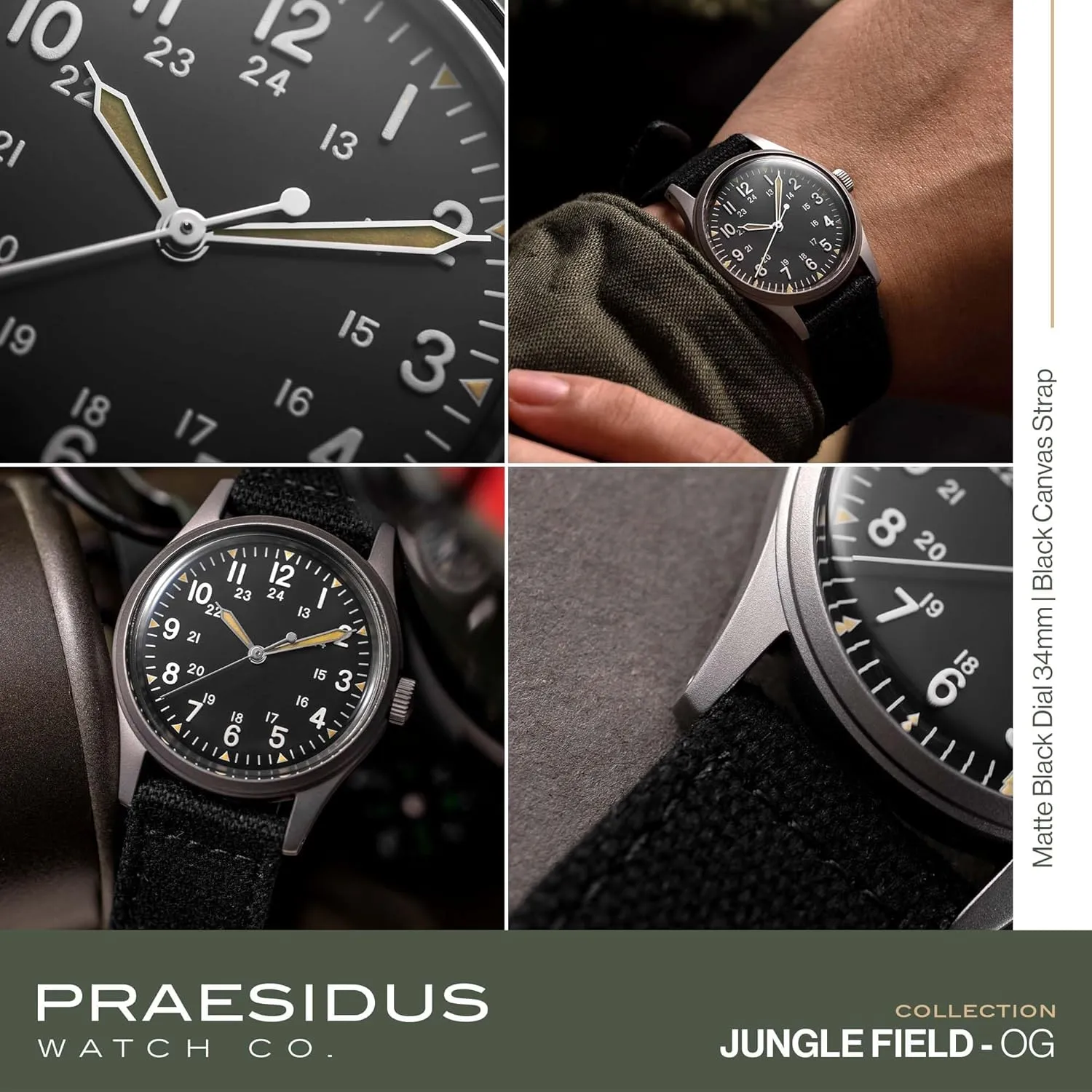 Jungle Field - Wrist Watch 34mm Black Dial Stainless Steel Case Men's Military Service Watch, Men's Wrist Watch, Black Leather/Black Canvas/Light Brown Canvas