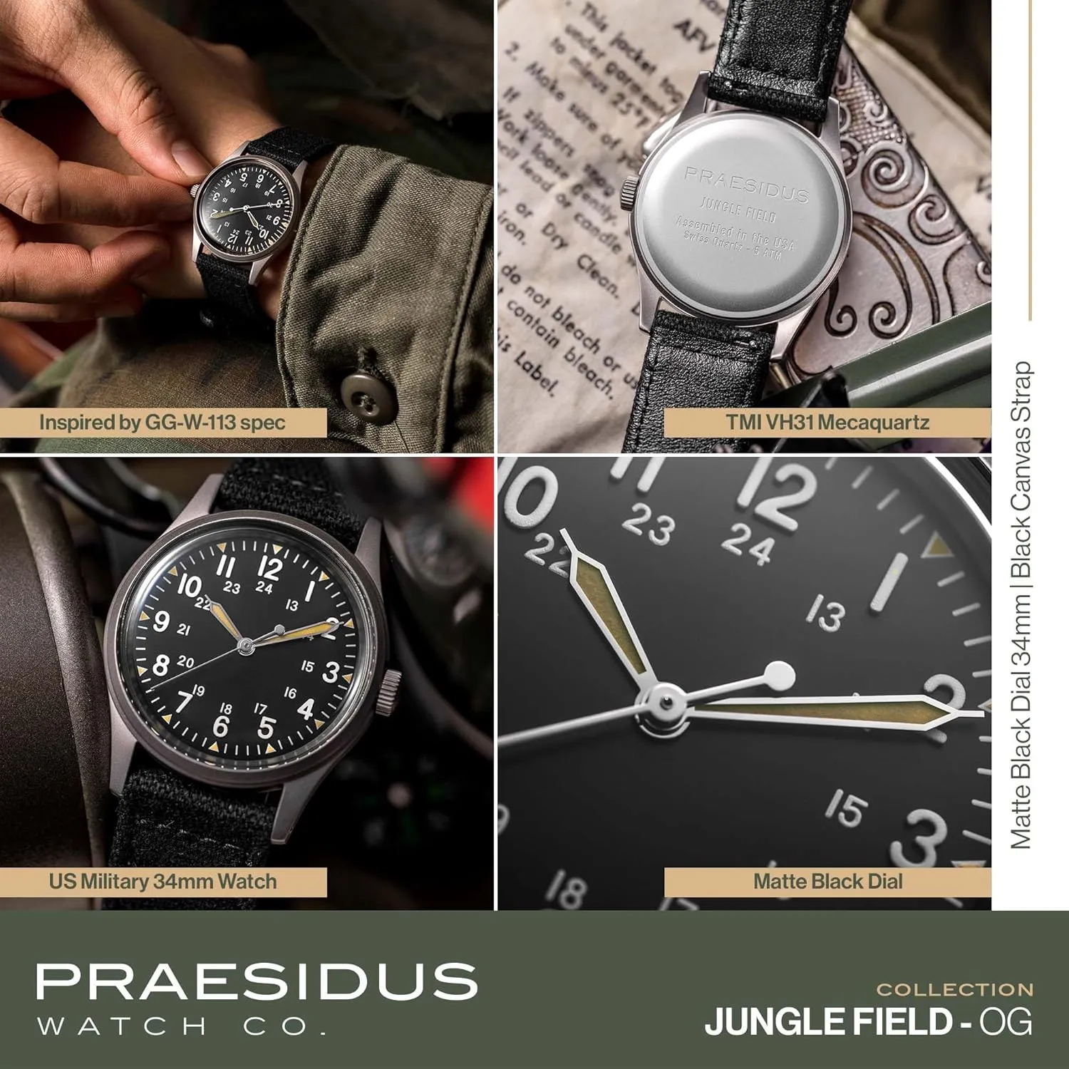 Jungle Field - Wrist Watch 34mm Black Dial Stainless Steel Case Men's Military Service Watch, Men's Wrist Watch, Black Leather/Black Canvas/Light Brown Canvas