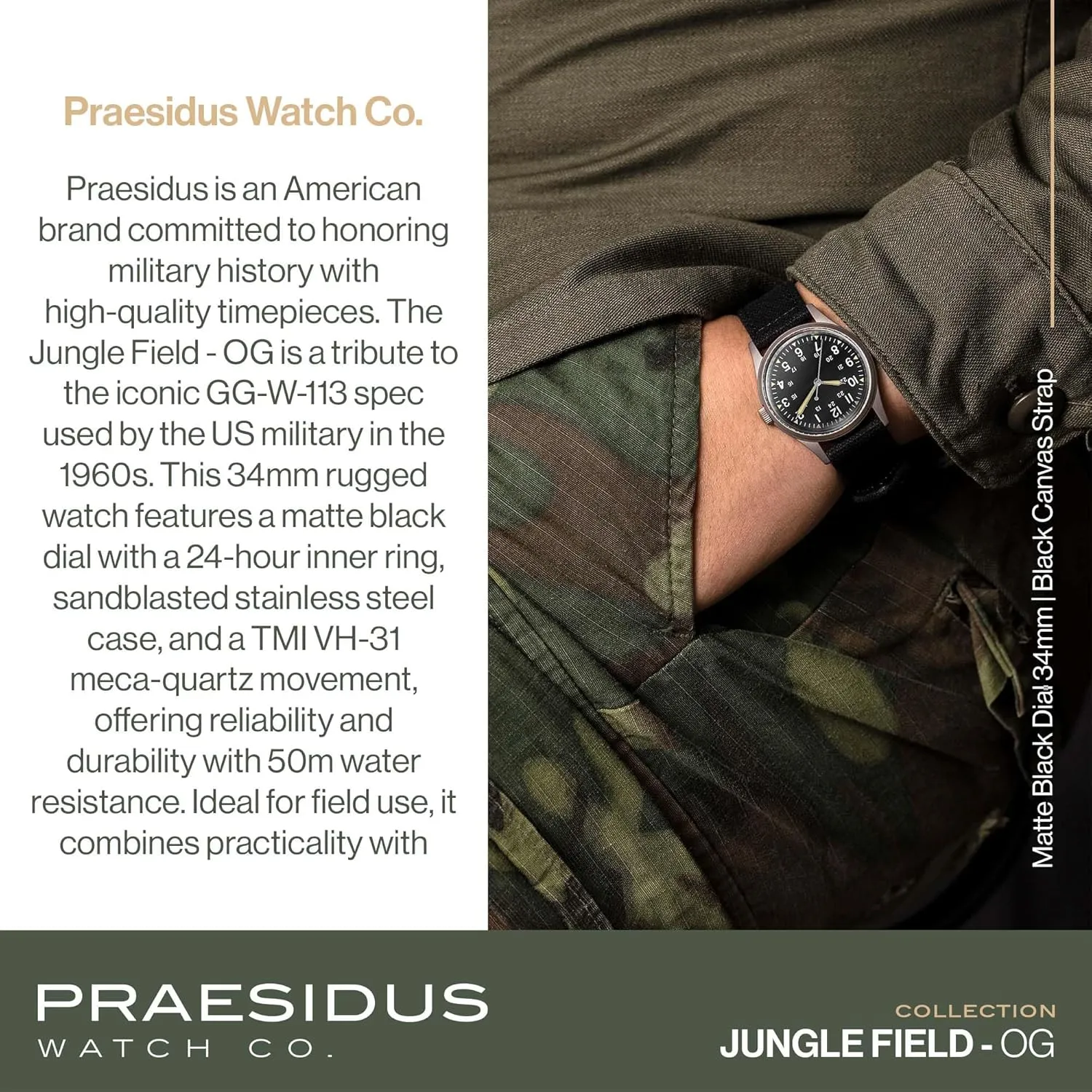 Jungle Field - Wrist Watch 34mm Black Dial Stainless Steel Case Men's Military Service Watch, Men's Wrist Watch, Black Leather/Black Canvas/Light Brown Canvas