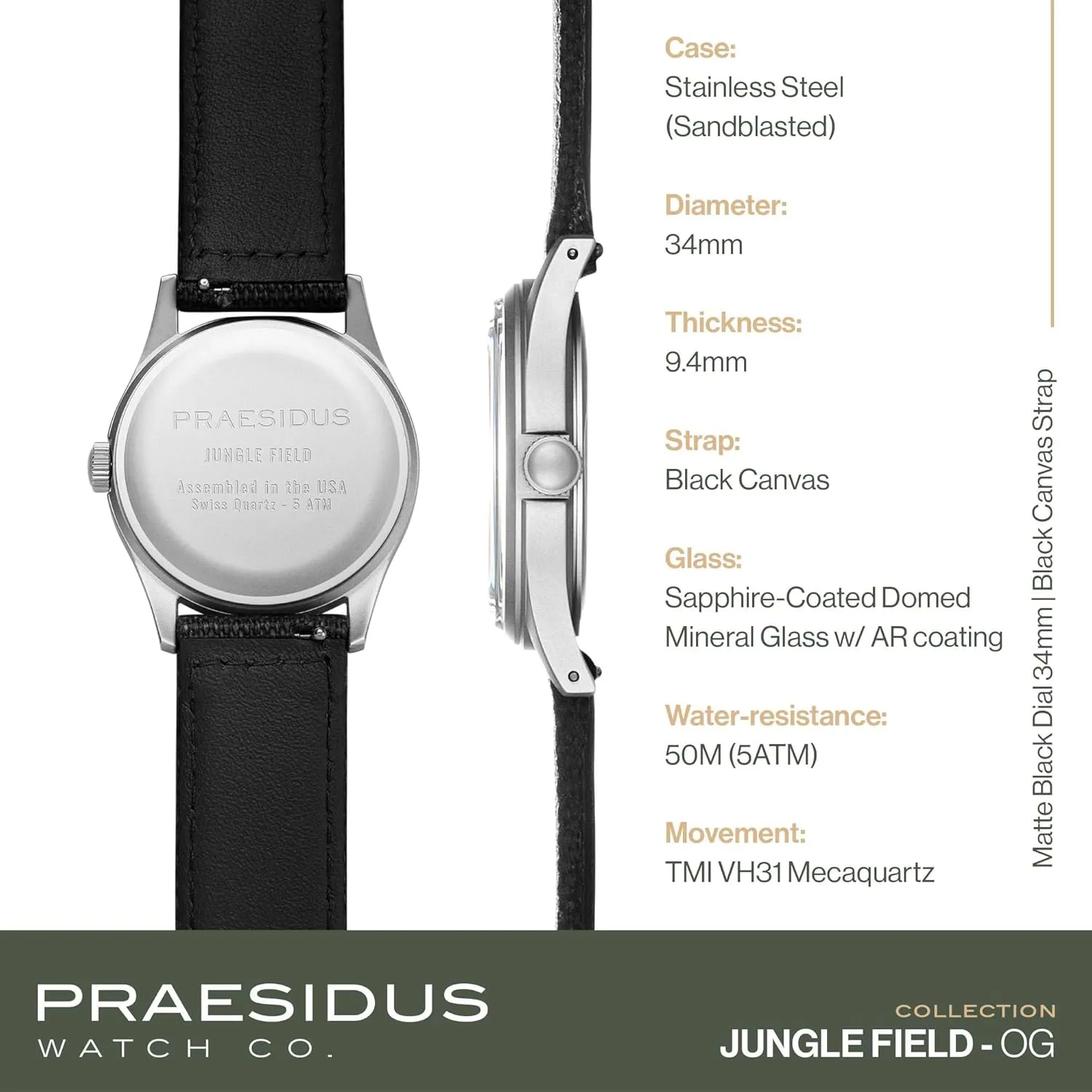 Jungle Field - Wrist Watch 34mm Black Dial Stainless Steel Case Men's Military Service Watch, Men's Wrist Watch, Black Leather/Black Canvas/Light Brown Canvas