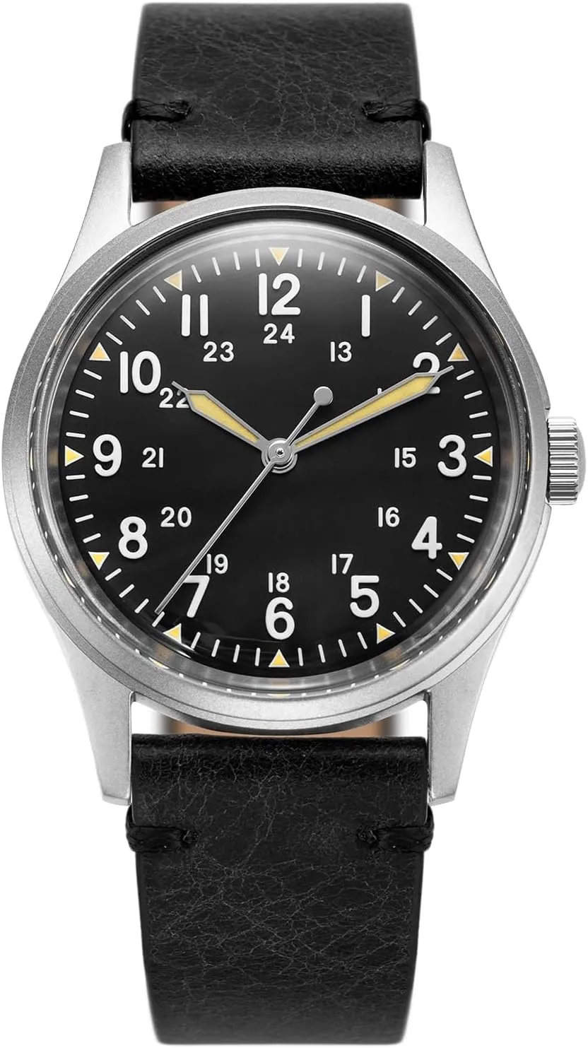 Jungle Field - Wrist Watch 34mm Black Dial Stainless Steel Case Men's Military Service Watch, Men's Wrist Watch, Black Leather/Black Canvas/Light Brown Canvas