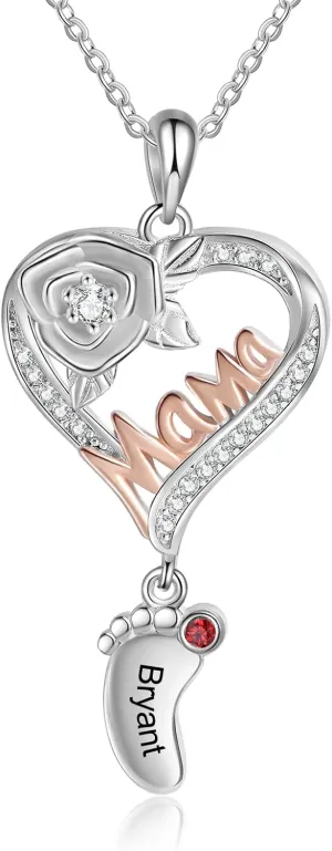 kaululu Birthstone Necklaces for Mom Love Heart Women Necklaces Sterling Silver with Baby Feet Birthday Gifts for Mother Wife Girls Daughters Girlfriend Valentine's Day Christmas