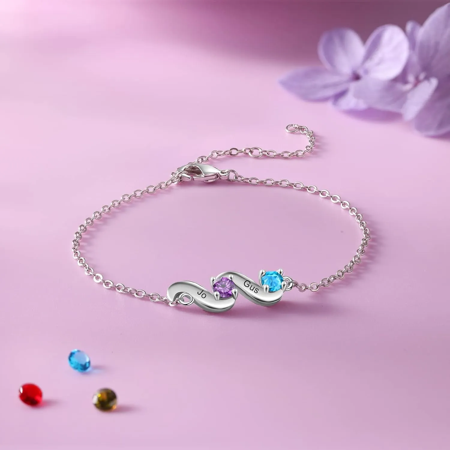 kaululu Gifts for Women Personalized Birthstone Bracelets for Mom Custom Name Bracelet for Women with 2/3/4/5 Names Gifts for Mom Wife Grandma Christmas Gift for Women Mother's Day Gift