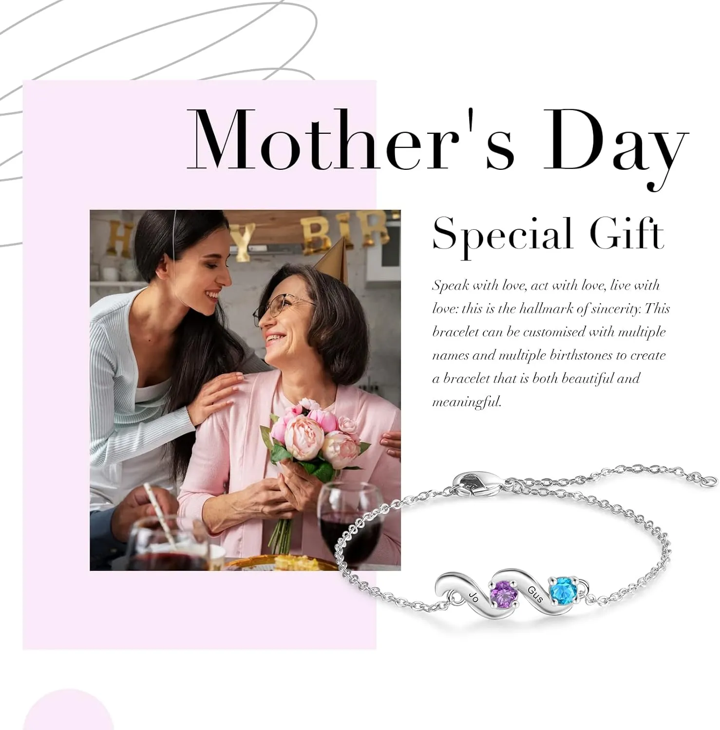 kaululu Gifts for Women Personalized Birthstone Bracelets for Mom Custom Name Bracelet for Women with 2/3/4/5 Names Gifts for Mom Wife Grandma Christmas Gift for Women Mother's Day Gift
