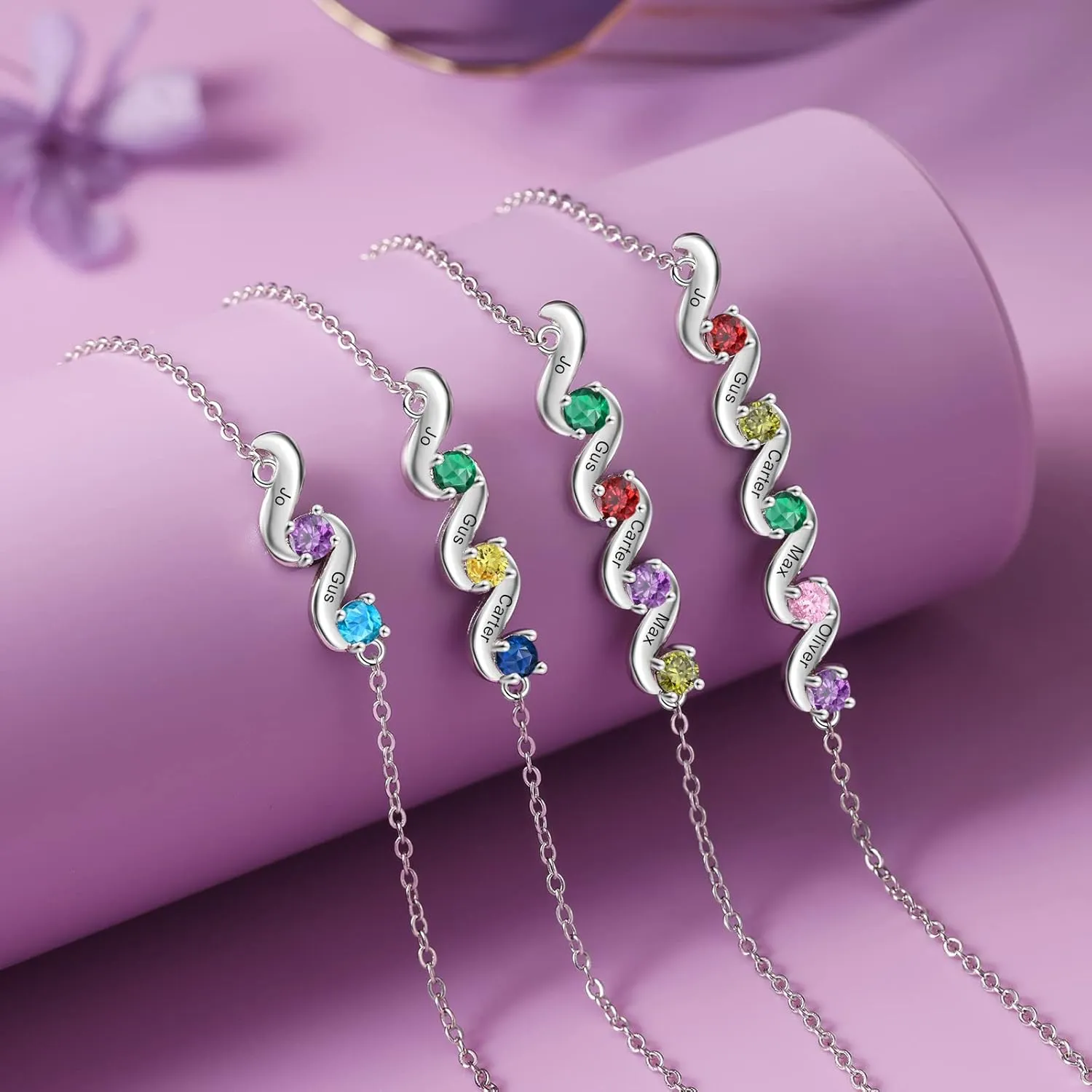 kaululu Gifts for Women Personalized Birthstone Bracelets for Mom Custom Name Bracelet for Women with 2/3/4/5 Names Gifts for Mom Wife Grandma Christmas Gift for Women Mother's Day Gift
