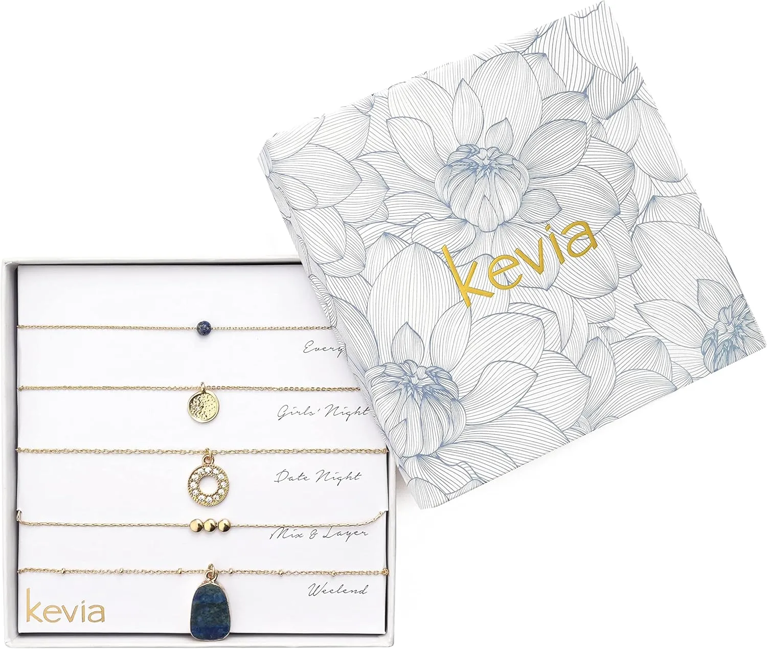 Kevia Set of 5 18K Gold Necklace for Women and Girls, Elegant 18k Gold Plated Necklace with Intricate Design Layered Necklaces for Women (Pink Jade & Blue Lapis Stone)