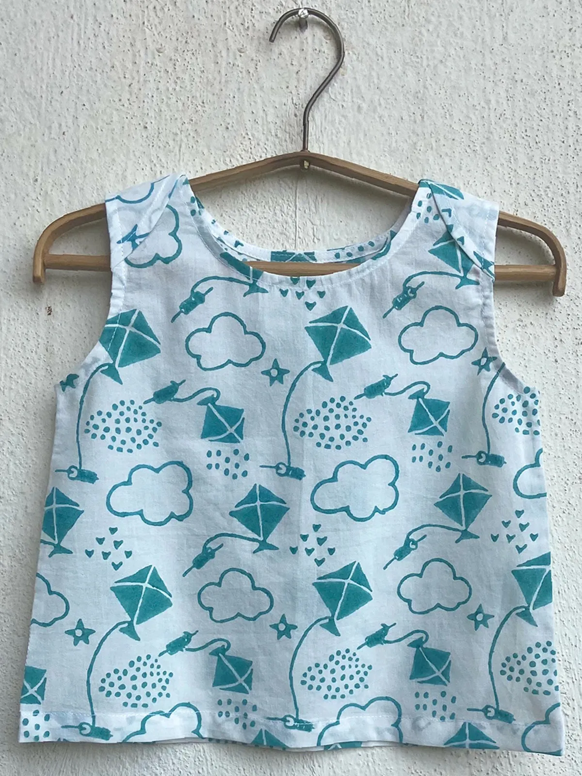 Kids Unisex Organic Patang Print Teal Jhabla Top with White Pants