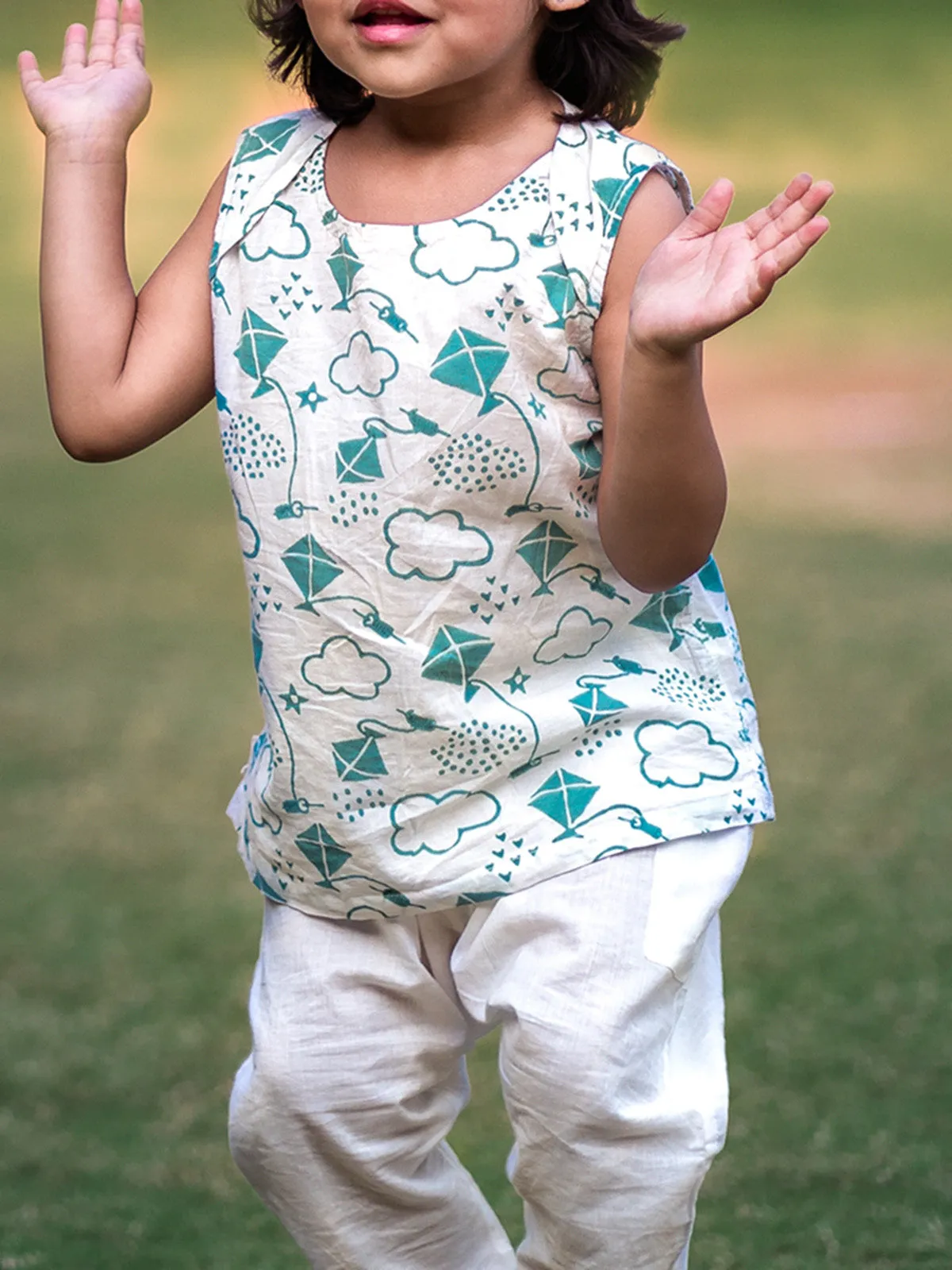 Kids Unisex Organic Patang Print Teal Jhabla Top with White Pants