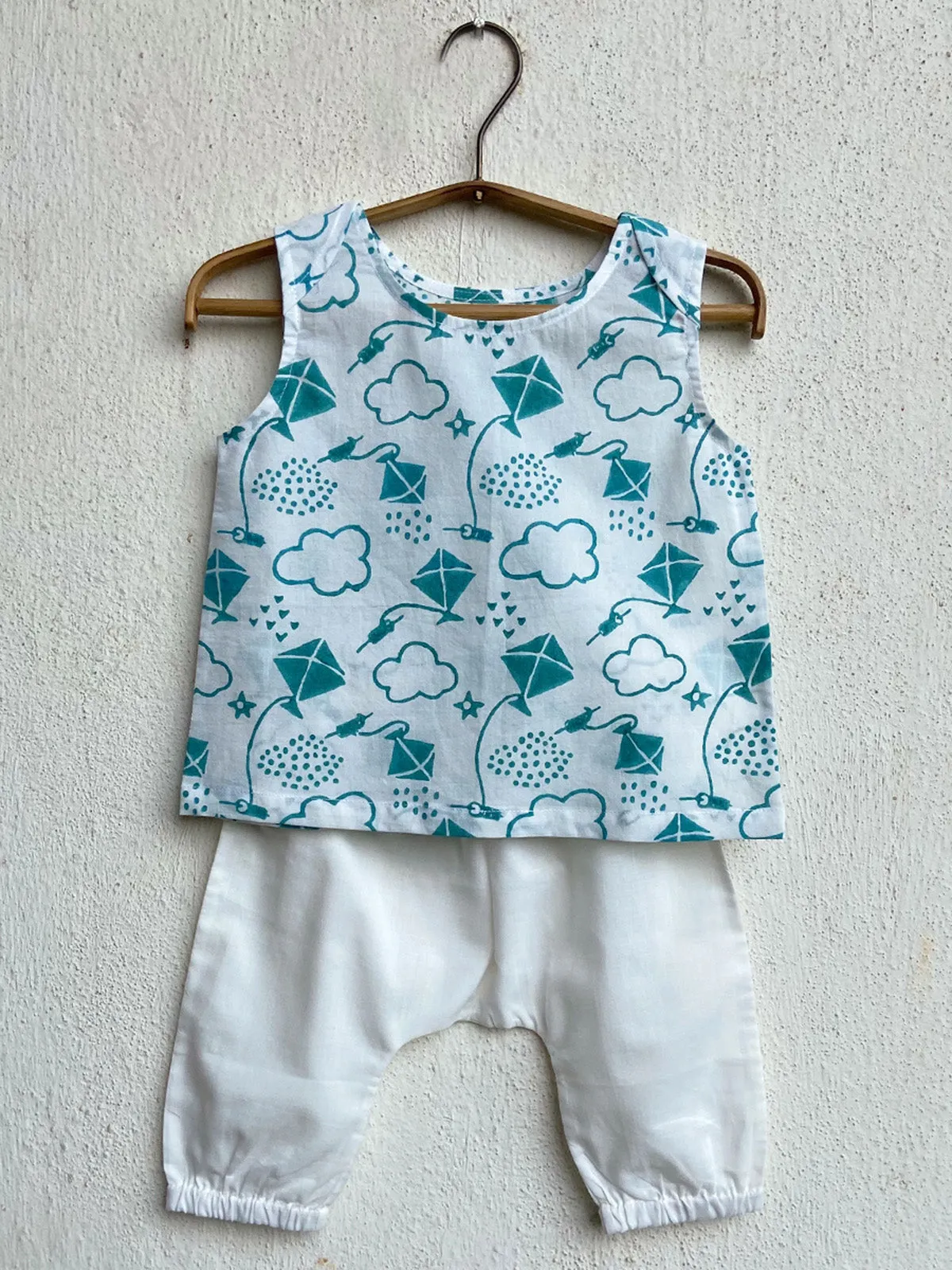 Kids Unisex Organic Patang Print Teal Jhabla Top with White Pants