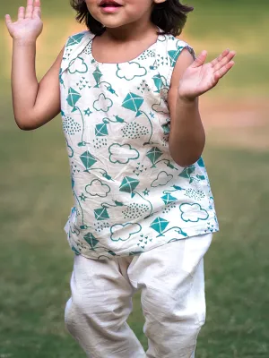 Kids Unisex Organic Patang Print Teal Jhabla Top with White Pants