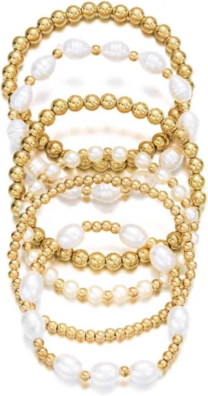 KIFEDSLJ Gold Beaded Bracelets Imitation Pearl Stretch Bracelet Stack Strand Stretch Bead Ball Bracelet Set for Women Jewelry
