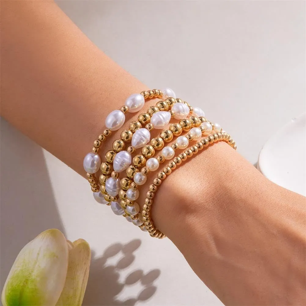 KIFEDSLJ Gold Beaded Bracelets Imitation Pearl Stretch Bracelet Stack Strand Stretch Bead Ball Bracelet Set for Women Jewelry
