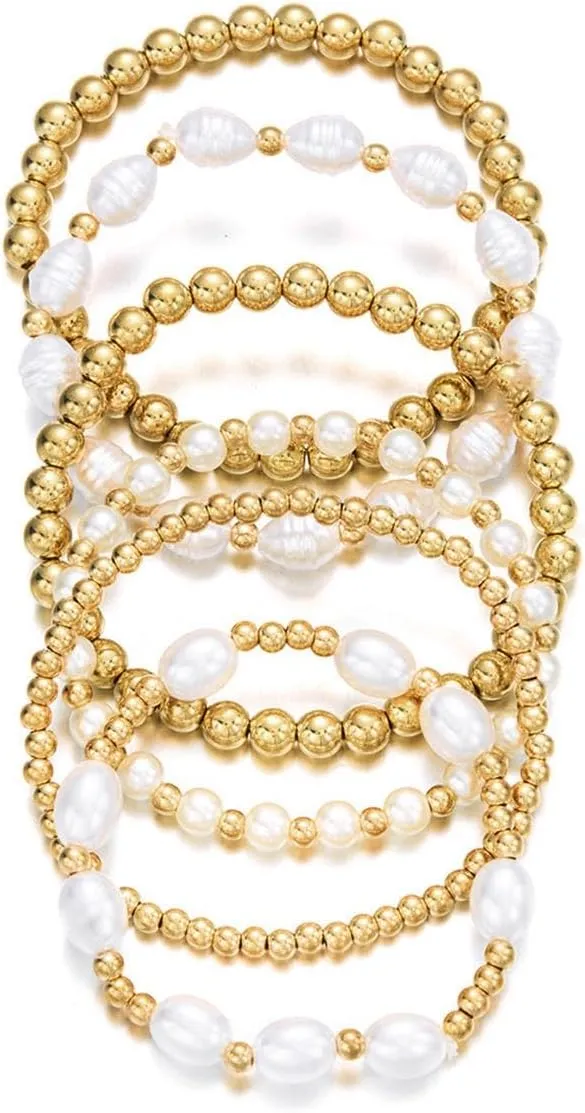 KIFEDSLJ Gold Beaded Bracelets Imitation Pearl Stretch Bracelet Stack Strand Stretch Bead Ball Bracelet Set for Women Jewelry