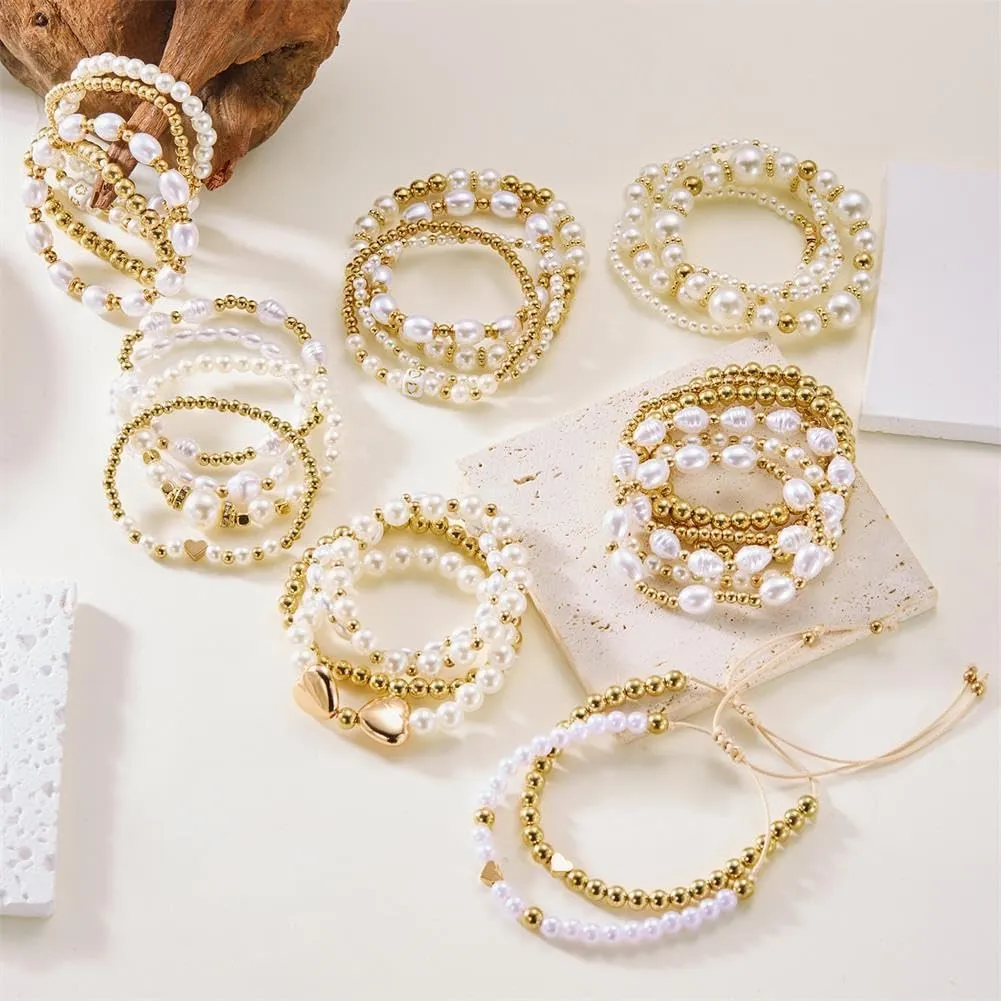 KIFEDSLJ Gold Beaded Bracelets Imitation Pearl Stretch Bracelet Stack Strand Stretch Bead Ball Bracelet Set for Women Jewelry