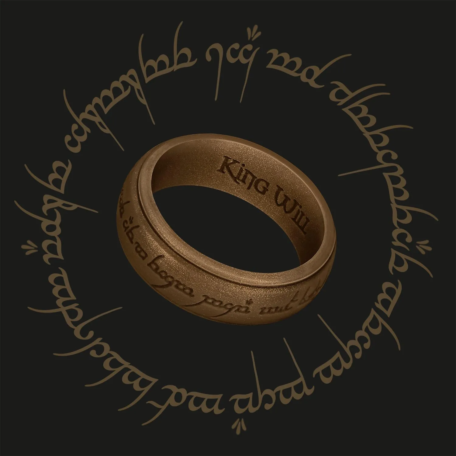 King Will Silicone One Ring for Men-Lord Rings Magic Power Rings, 8mm Wide Rubber Etched Bronze/Silver/Gold/Gray Pattern Silicone Rings for Men Women, Breathable Silicone Wedding Band Ring Size 8-14