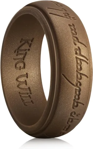 King Will Silicone One Ring for Men-Lord Rings Magic Power Rings, 8mm Wide Rubber Etched Bronze/Silver/Gold/Gray Pattern Silicone Rings for Men Women, Breathable Silicone Wedding Band Ring Size 8-14