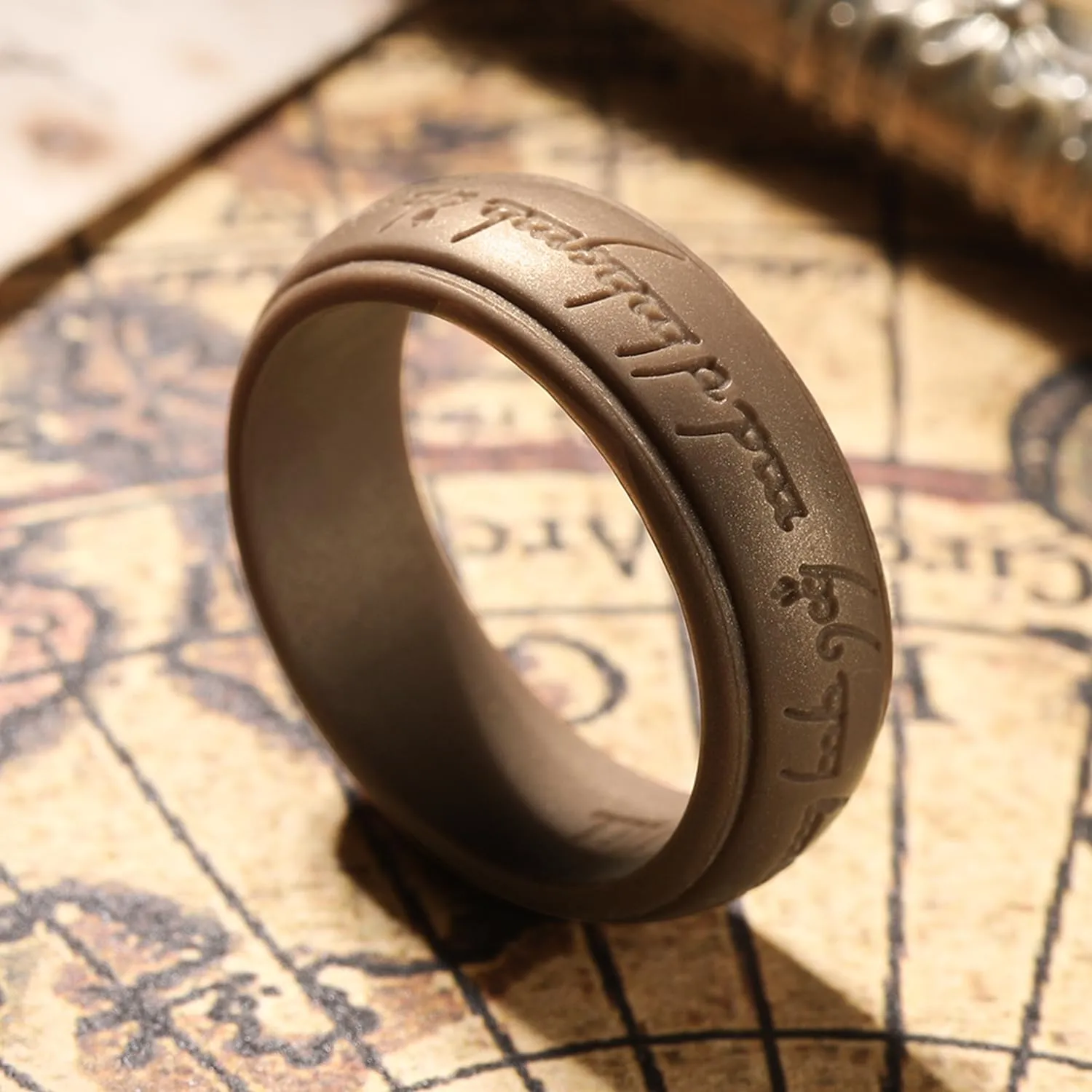 King Will Silicone One Ring for Men-Lord Rings Magic Power Rings, 8mm Wide Rubber Etched Bronze/Silver/Gold/Gray Pattern Silicone Rings for Men Women, Breathable Silicone Wedding Band Ring Size 8-14