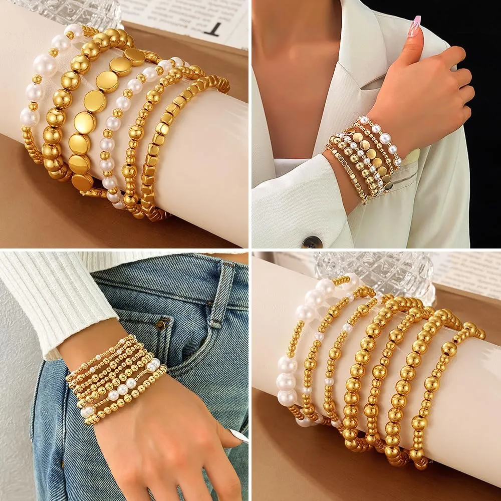 KISS WIFE Gold Bracelets for Women Gold Bracelet Stack Pearl Beaded Bracelets for Women Strand Bead Ball Stretchable Elastic Bracelet Set Adjustable Fashion Accessories Jewelry for Gifts