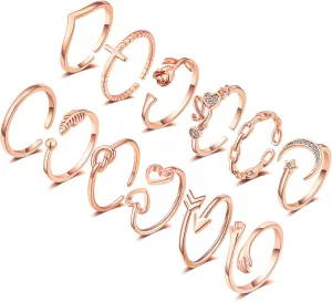 KOHOTA 12PCS Adjustable Knuckle Rings for Women 14K Gold Plated Silver Simple Stacking Rings Pack Open Knot Star Moon Butterfly Dainty Thumb Ring Set for Women
