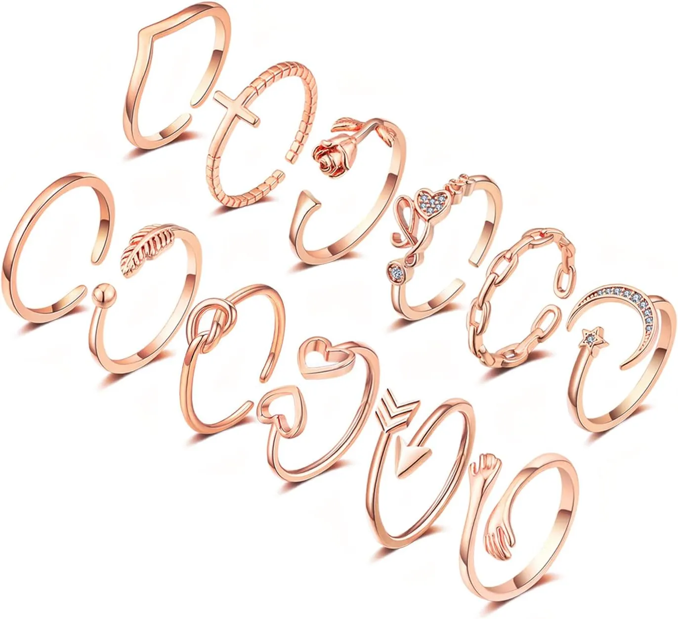 KOHOTA 12PCS Adjustable Knuckle Rings for Women 14K Gold Plated Silver Simple Stacking Rings Pack Open Knot Star Moon Butterfly Dainty Thumb Ring Set for Women