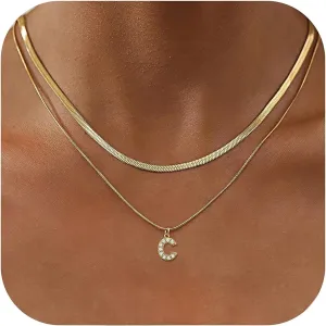 KOHOTA Gold Initial Necklaces for Women, Snake Chain Herringbone Necklace Dainty Letter Layered Initial Necklaces Choker 14K Gold Plated Cubic Zirconia Trendy Pendant for Women Jewelry Gift
