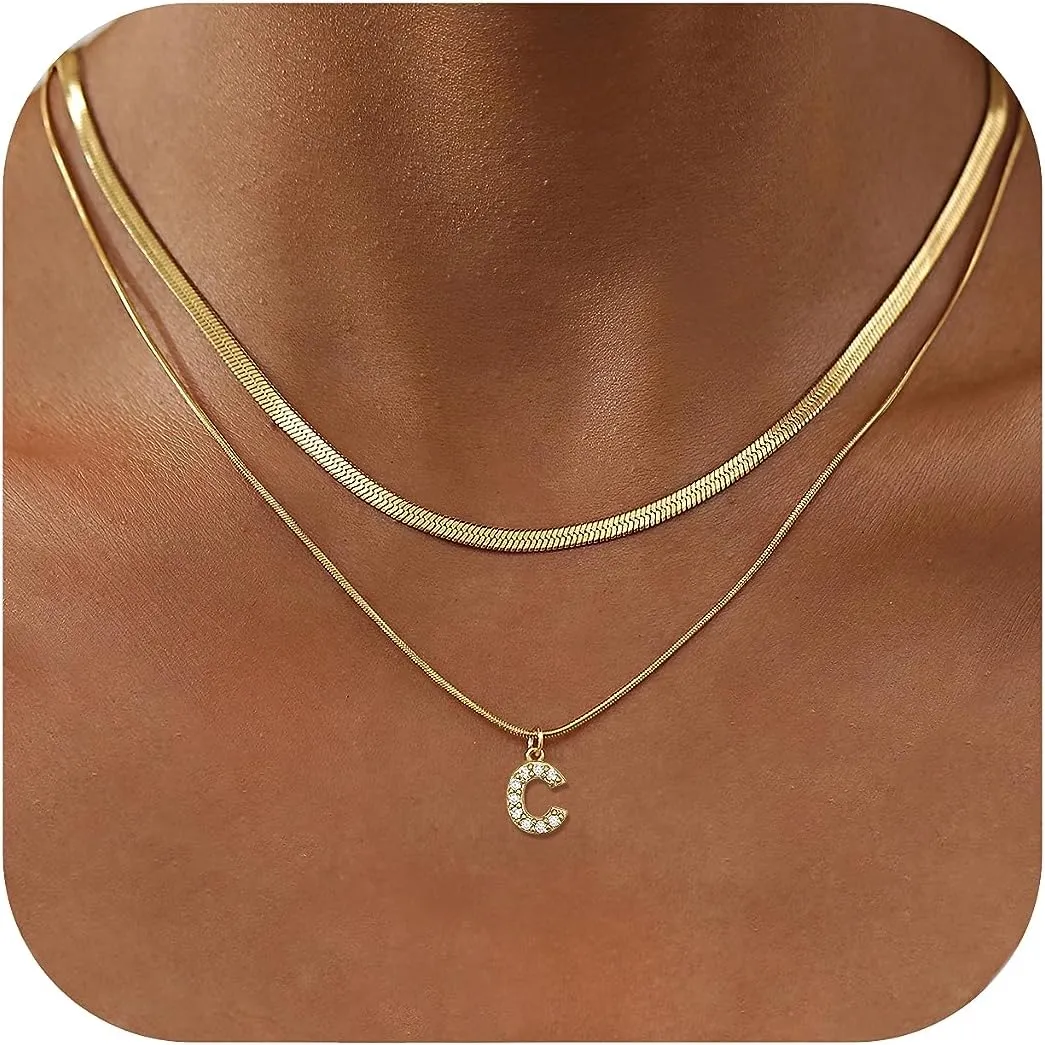 KOHOTA Gold Initial Necklaces for Women, Snake Chain Herringbone Necklace Dainty Letter Layered Initial Necklaces Choker 14K Gold Plated Cubic Zirconia Trendy Pendant for Women Jewelry Gift