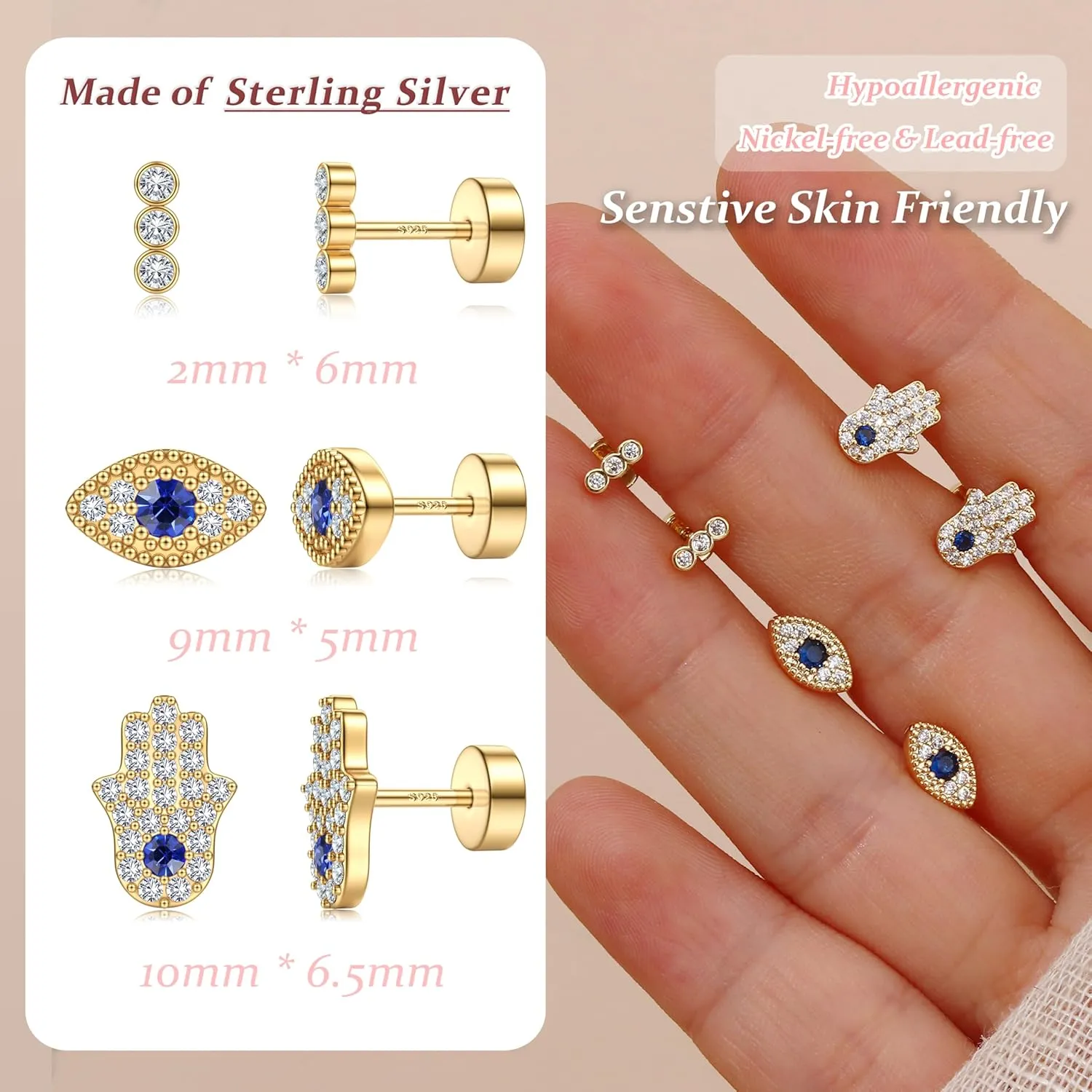 KRFY Flat Back Stud Earrings for Women - Hypoallergenic 925 Sterling Silver Post Cartilage Earring 14K Gold Plated Dainty Tiny Cubic Zirconia Earrings Helix Piercing Jewelry Stud Earrings for Women