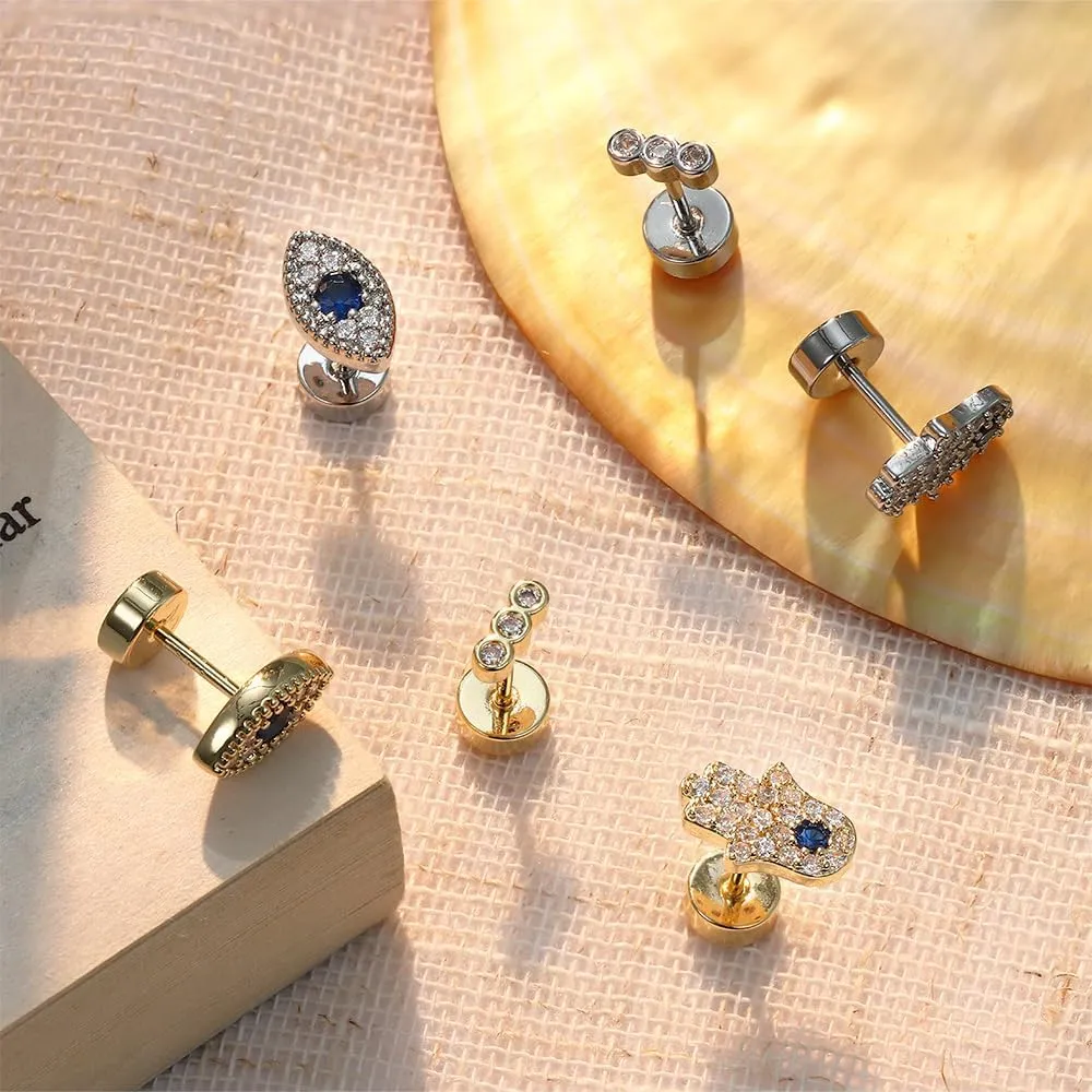KRFY Flat Back Stud Earrings for Women - Hypoallergenic 925 Sterling Silver Post Cartilage Earring 14K Gold Plated Dainty Tiny Cubic Zirconia Earrings Helix Piercing Jewelry Stud Earrings for Women