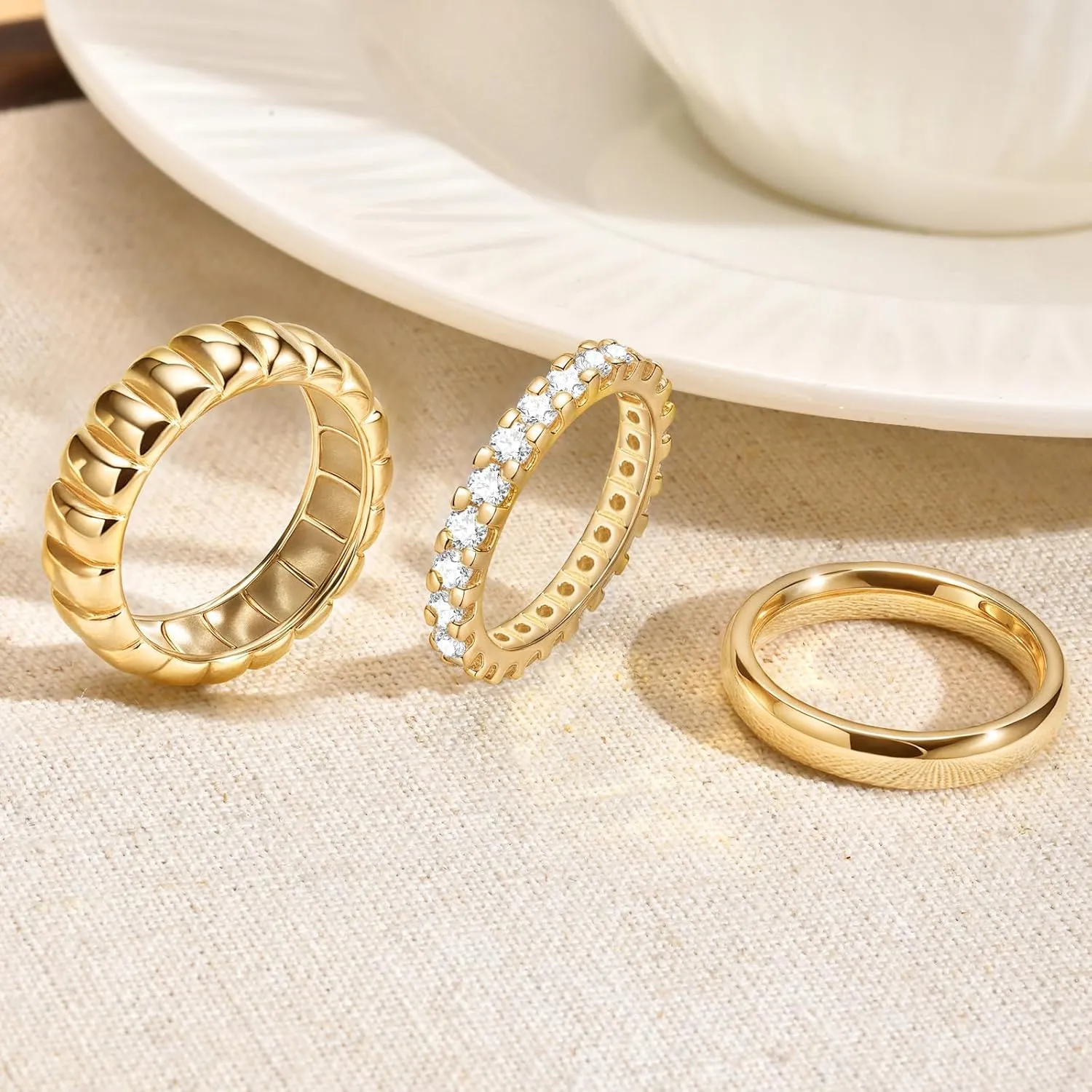 KSF Gold Rings for Women Non Tarnish - 14K Gold Plated Stackable Cubic Zirconia Rings Set for Women Trendy Statement Band Promise Engagement Stack Rings Size 6 7 8 9
