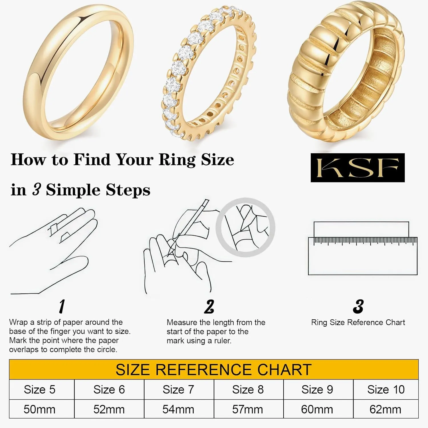 KSF Gold Rings for Women Non Tarnish - 14K Gold Plated Stackable Cubic Zirconia Rings Set for Women Trendy Statement Band Promise Engagement Stack Rings Size 6 7 8 9