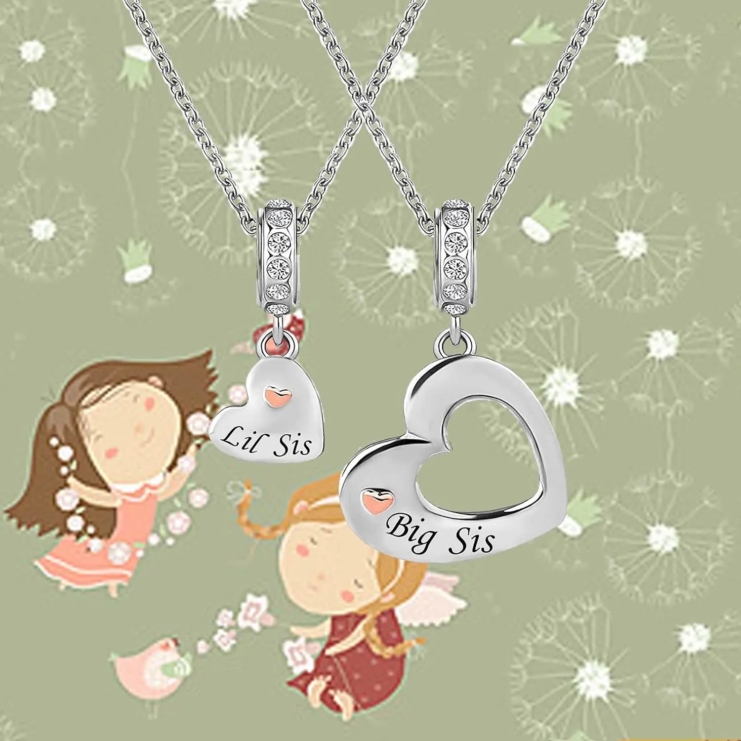 KunBead 18 inch Big Sister Little Sister Mother Daughter Auntie Niece Son Wife Rose Gold Heart I Love You Matching Charm Pendant Birthday Necklace set for 2