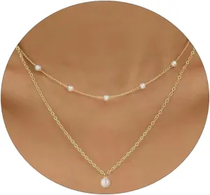 Kyerlyn Dainty Pearl Pendant Necklaces for Women 14K Gold Plated Handmade Layered Pearl Chain Necklace Delicate Layered Pearl Necklace Everyday Jewelry Gift