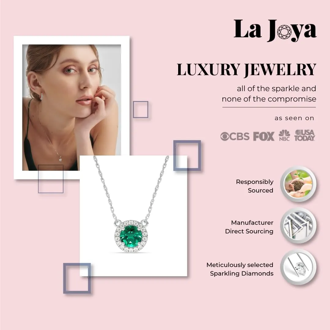 Lab Created Emerald and Lab Grown Diamond Halo Necklace for Women | 10K Solid Floating White Gold Diamond Pendants | Multiple Shapes and Weights to Choose From