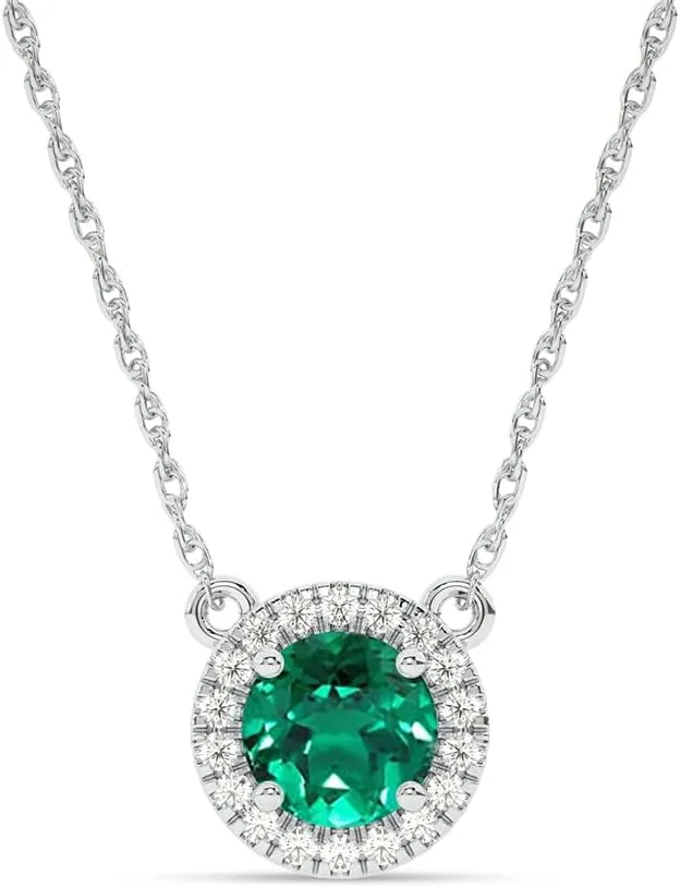 Lab Created Emerald and Lab Grown Diamond Halo Necklace for Women | 10K Solid Floating White Gold Diamond Pendants | Multiple Shapes and Weights to Choose From