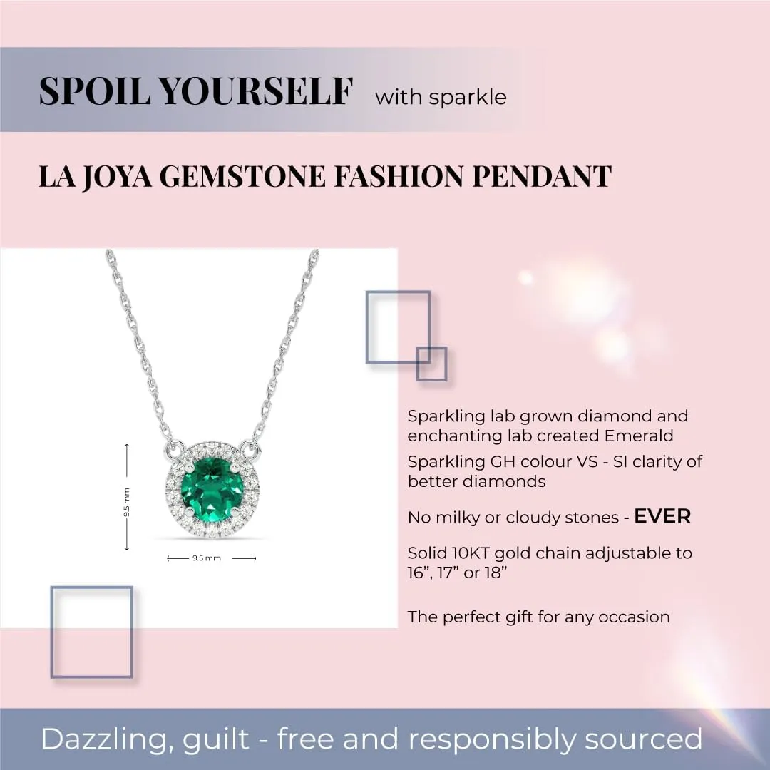 Lab Created Emerald and Lab Grown Diamond Halo Necklace for Women | 10K Solid Floating White Gold Diamond Pendants | Multiple Shapes and Weights to Choose From
