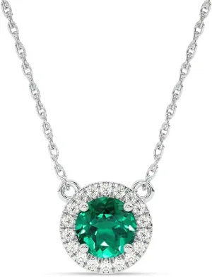 Lab Created Emerald and Lab Grown Diamond Halo Necklace for Women | 10K Solid Floating White Gold Diamond Pendants | Multiple Shapes and Weights to Choose From