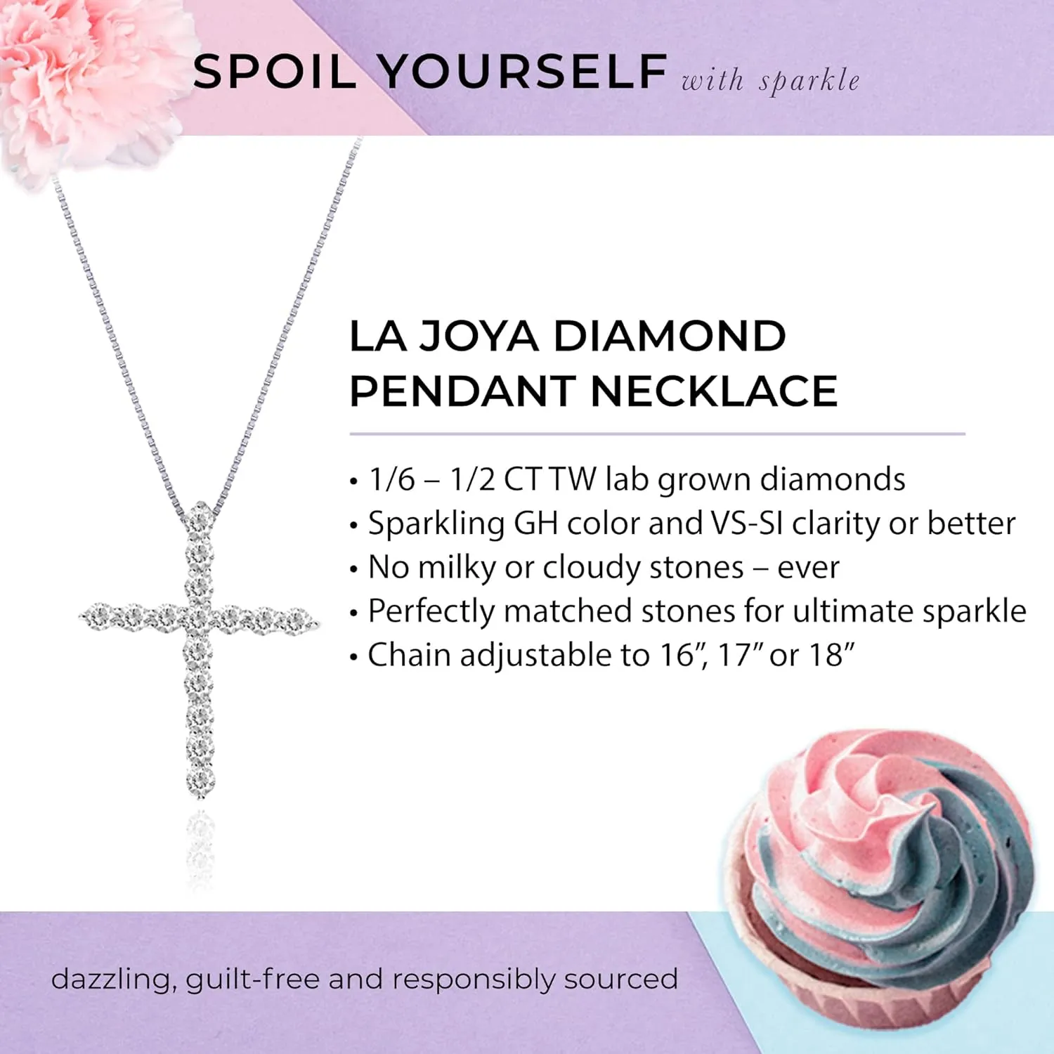 Lab Grown Diamond Cross Necklace For Women | GH Color VS/SI Clarity 1/6-1/2 CT. TW. Diamond Pendant Necklace in 925 Sterling Silver | Stunning Diamond Jewelry for Women