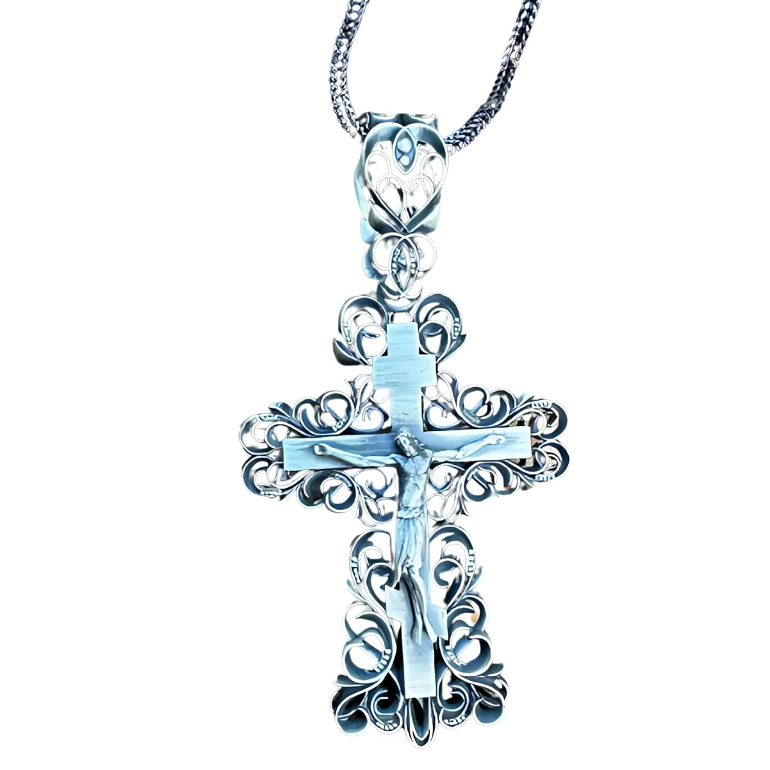 Lacy Jesus Crucifix Silver Necklace, 925K Sterling Jesus Crucified Pendant, The Christ Charm, Religious Jewelry, Retirement Gifts For Men