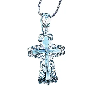 Lacy Jesus Crucifix Silver Necklace, 925K Sterling Jesus Crucified Pendant, The Christ Charm, Religious Jewelry, Retirement Gifts For Men