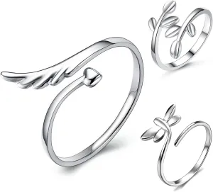 lauhonmin 3pcs S925 Sterling Silver Open Rings Set Finger Ring Joint Ring Toe Ring Beach Jewelry Gifts for Women Adjustable