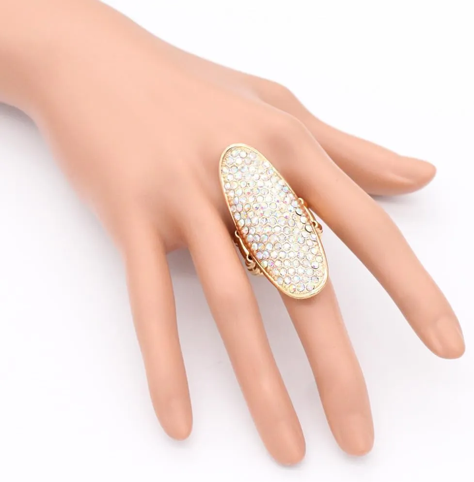 Lavencious Gold Plated with AB Stone Long Shield Stretch Statement Cocktail Ring for Women fit for Size 9 to 12
